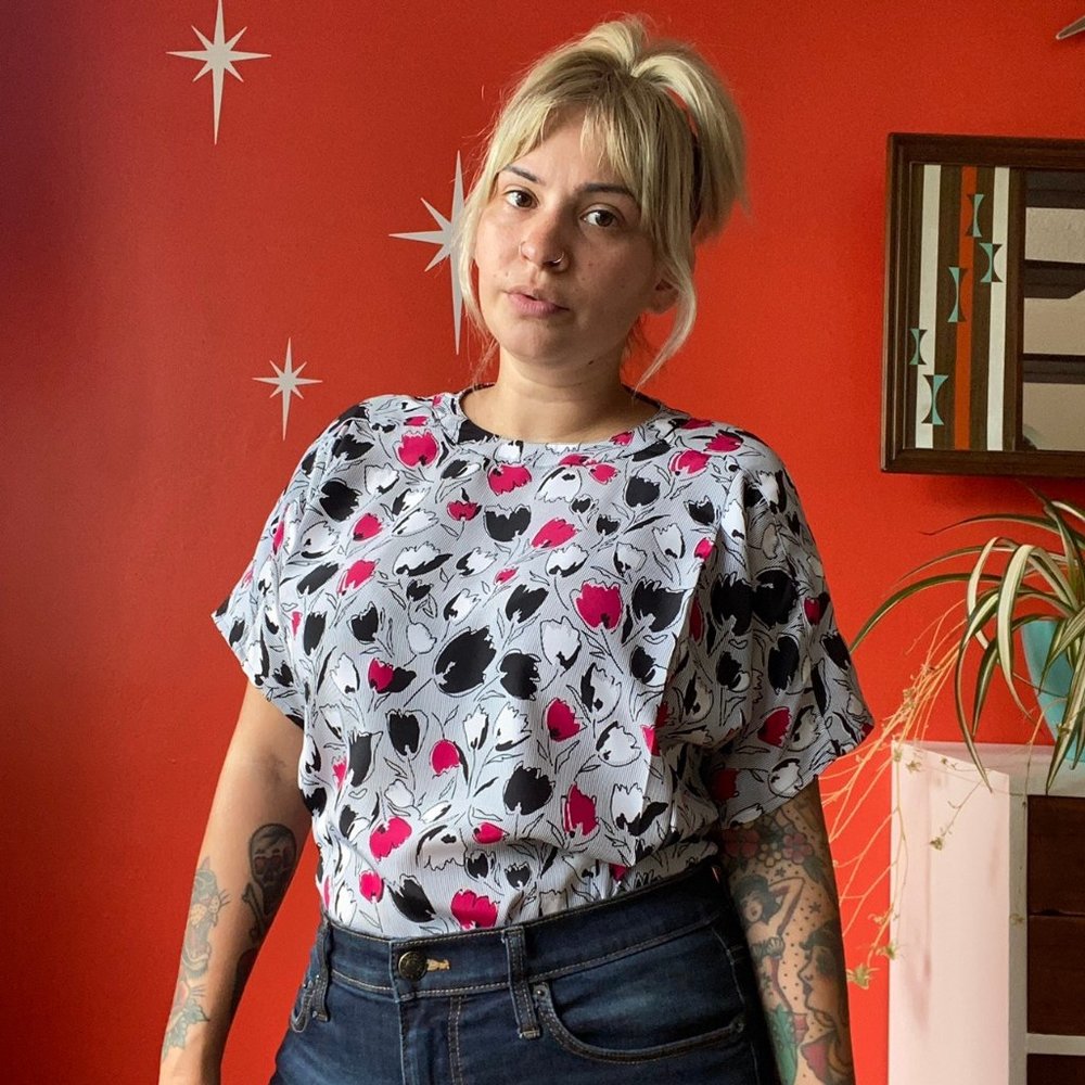 Vintage 80s Blck Pink Tulip Floral Blouse